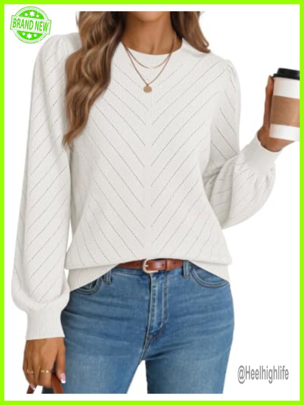 Women's Lightweight Eyelet Pullover Sweater Balloon Sleeve Knit Top